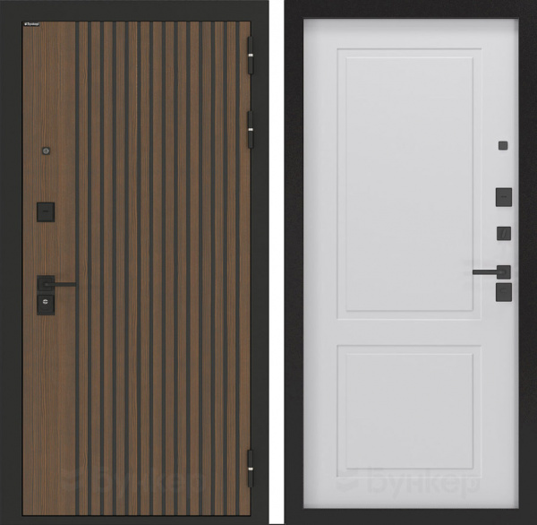 Дверь БУНКЕР BN-02 Ларче орех с черной патиной/ФЛ-609 Белый софт