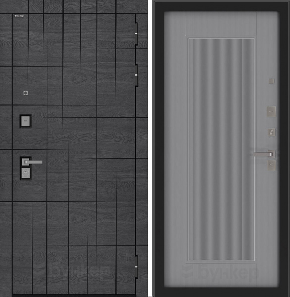 Дверь БУНКЕР BN-09 Дуб мадейра с черной патиной/АМСТРОД Серый софт рельеф