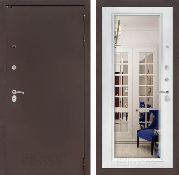 Дверь Лабиринт CLASSIC Антик медный Белый софт Зеркало с фацетом