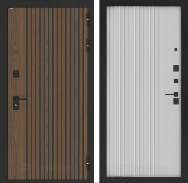 Дверь БУНКЕР BN-02 Ларче орех с черной патиной/ХОМС Белый софт рельеф