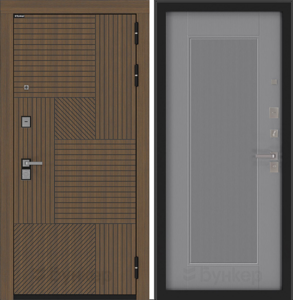 Дверь БУНКЕР BN-07 Ларче орех с черной патиной/АМСТРОД Серый софт рельеф