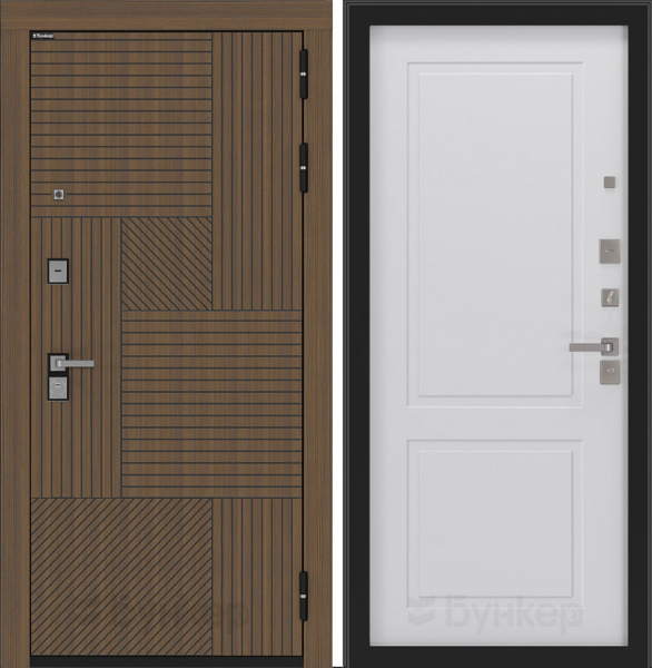 Дверь БУНКЕР BN-07 Ларче орех с черной патиной/ФЛ-609 Белый софт